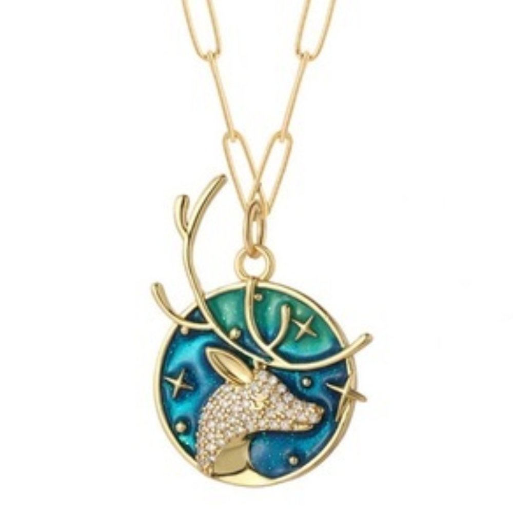 DESIGNER Cosmic Deer/Moon/Stars Gold Blue Glitter/Clear Zircon Stones Necklace